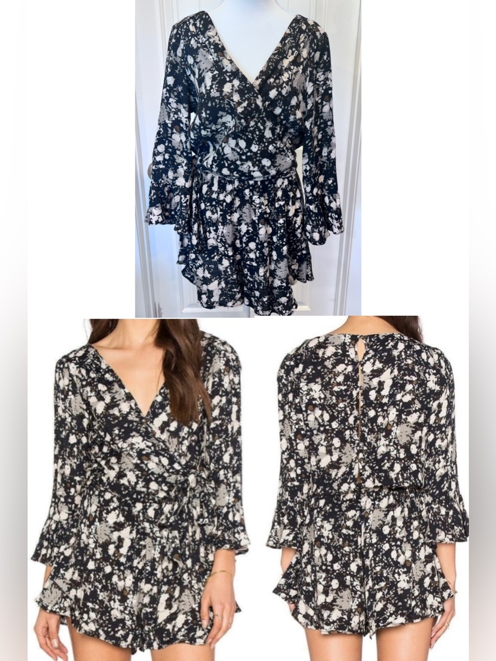 Free People Black Raven Combo All The Right Ruffles Wrap Romper Attached Belt